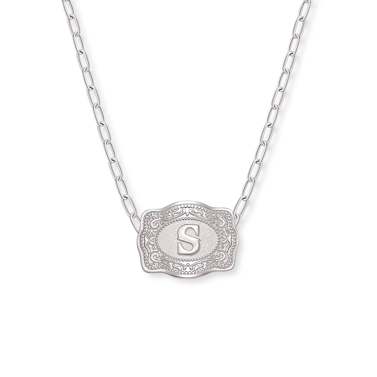 SpurWest Mini Belt Buckle Necklace (Initial) Paper Clip Chain (18" adjustable) - Silver