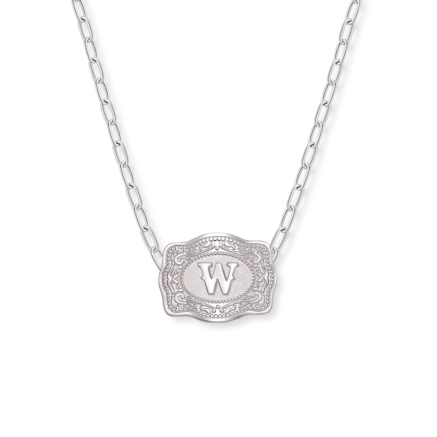 SpurWest Mini Belt Buckle Necklace (Initial) Paper Clip Chain (18" adjustable) - Silver