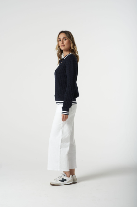 Goondiwindi Cotton Cable Knit Polo Jumper - Navy/White