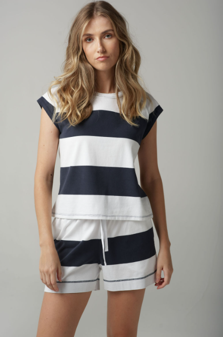 Goondiwindi Cotton Stripe Cap Sleeve Raglan Tee (C13010-52) - White/Parisian Navy