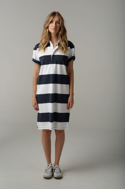 Goondiwindi Cotton Stripe Rugby Dress - White/Parisian Navy