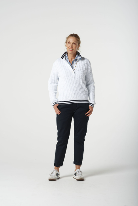 Goondiwindi Cotton Cable Knit Polo Jumper - White/Navy