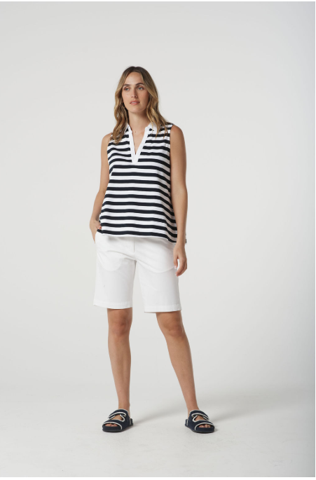 Goondiwindi Cotton Sleeveless Stripe Polo - White/Navy