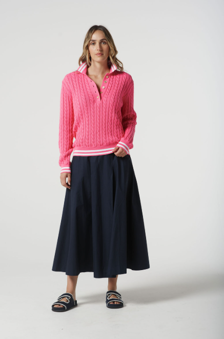 Goondiwindi Cotton Cable Knit Polo Jumper - Pink/White