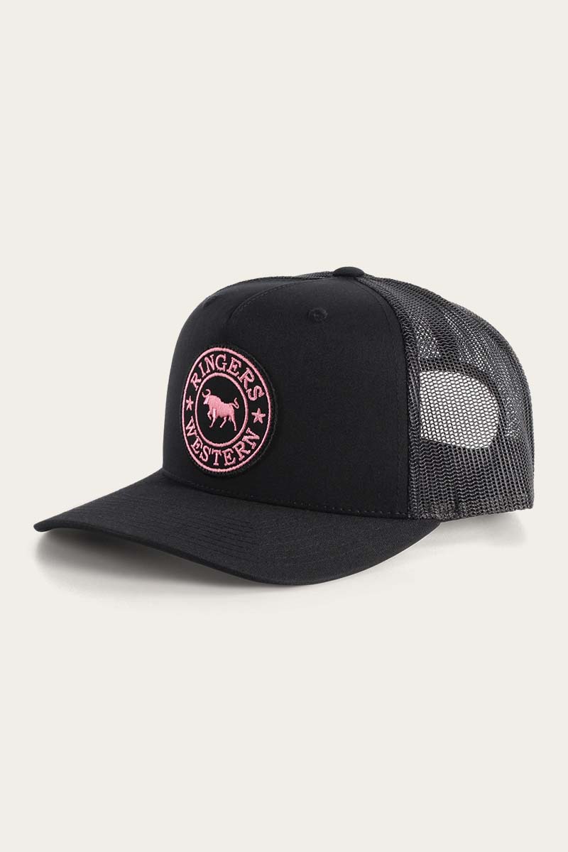 RINGERS WESTERN SIGNATURE BULL TRUCKER CAP - BLACK (PINK PATCH)