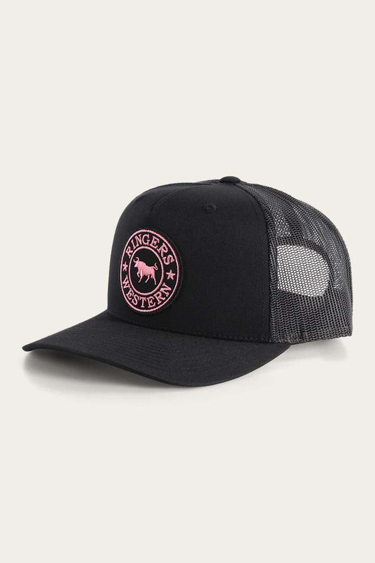 RINGERS WESTERN SIGNATURE BULL TRUCKER CAP - BLACK (PINK PATCH)
