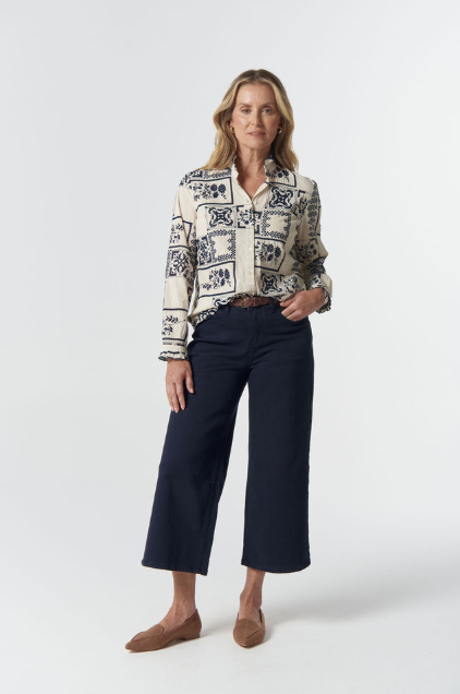 Goondiwindi Cotton Wattle Frill Cotton Shirt - Cream/Navy