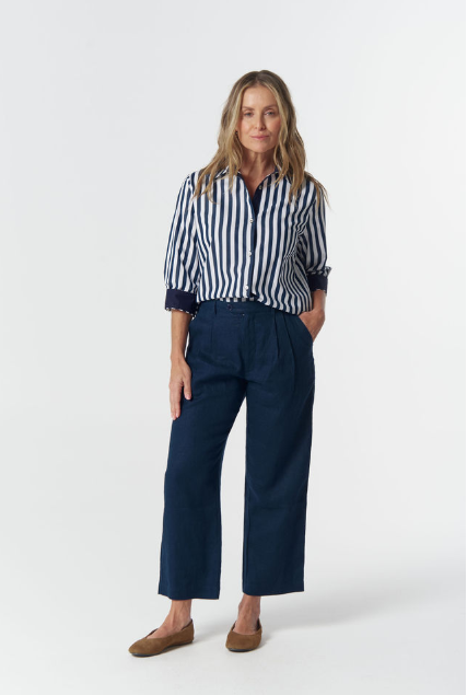 Goondiwindi Cotton Classic ¾ Sleeve Cotton Shirt - Dark Navy/White