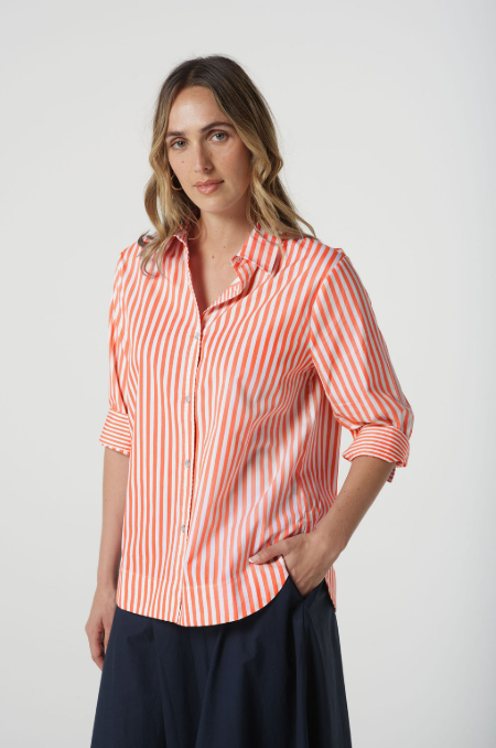 Goondiwindi Cotton ¾ Sleeve Stripe Shirt - Bright Orange Stripe
