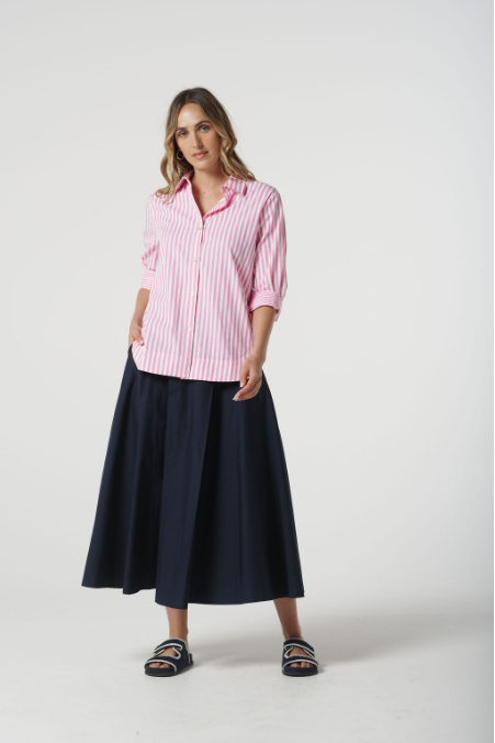 Goondiwindi Cotton ¾ Sleeve Stripe Shirt - Pink Cosmos Stripe