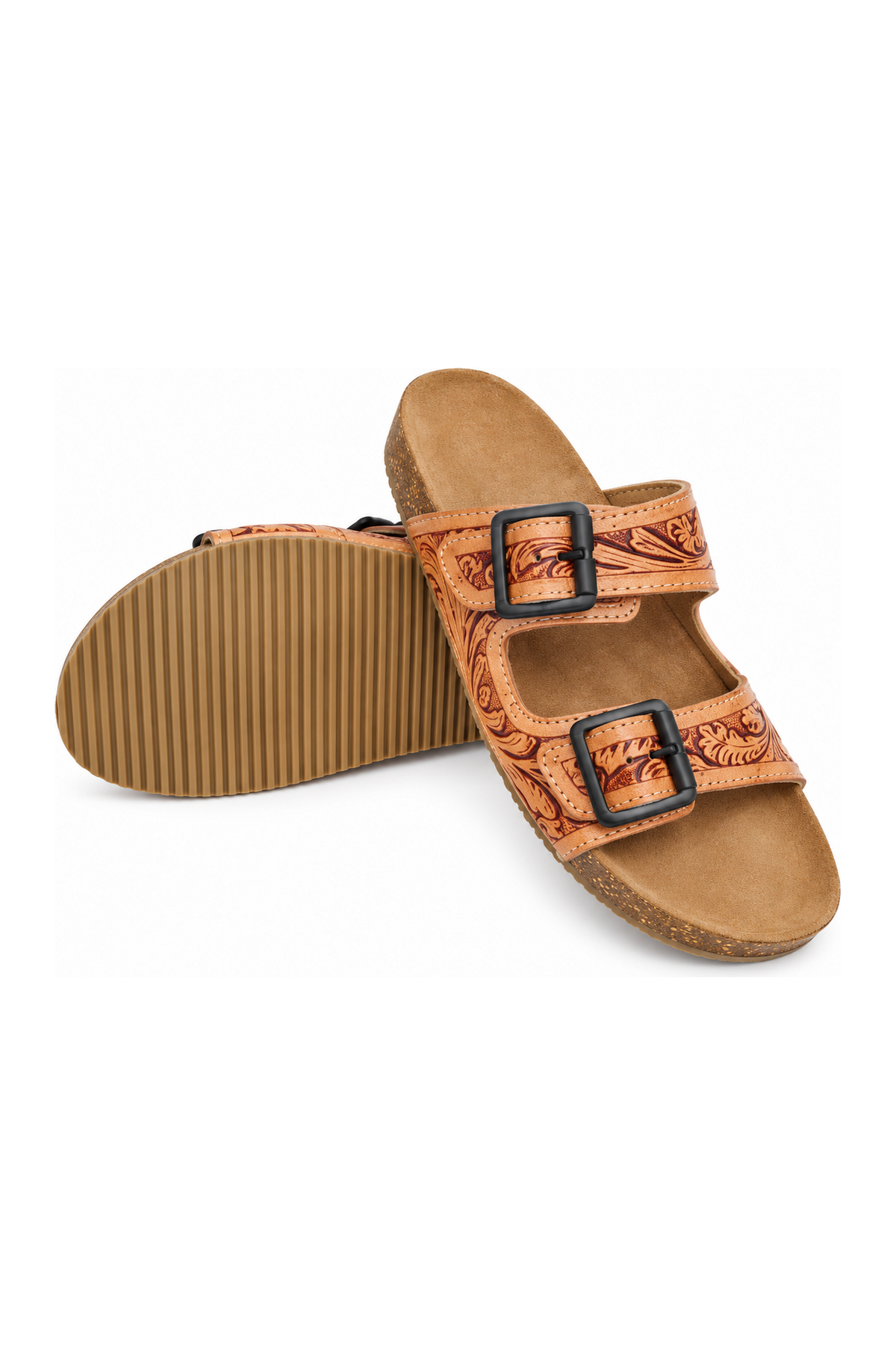 Challenger Women's Western Double Strap Tooled Leather Sandals