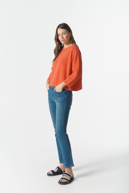 Goondiwindi Cotton Rib Boxy Knit ¾ Sleeve Jumper - Sunset