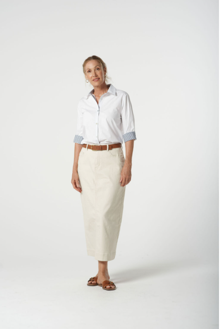 Goondiwindi Cotton ¾ Sleeve Shirt - White/Stripe Trim