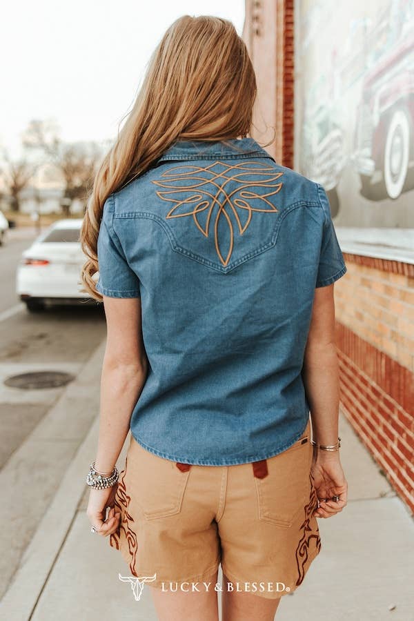 Lucky & Blessed Dark Wash Stretch Denim Pearl Snap Boot-stitch Embroidered Short Sleeve Top