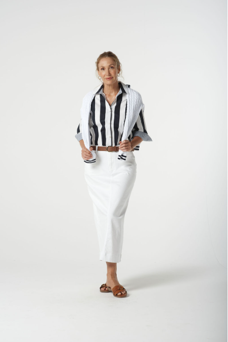Goondiwindi Cotton ¾ Sleeve Thick Stripe Shirt - Navy Stripe Trim